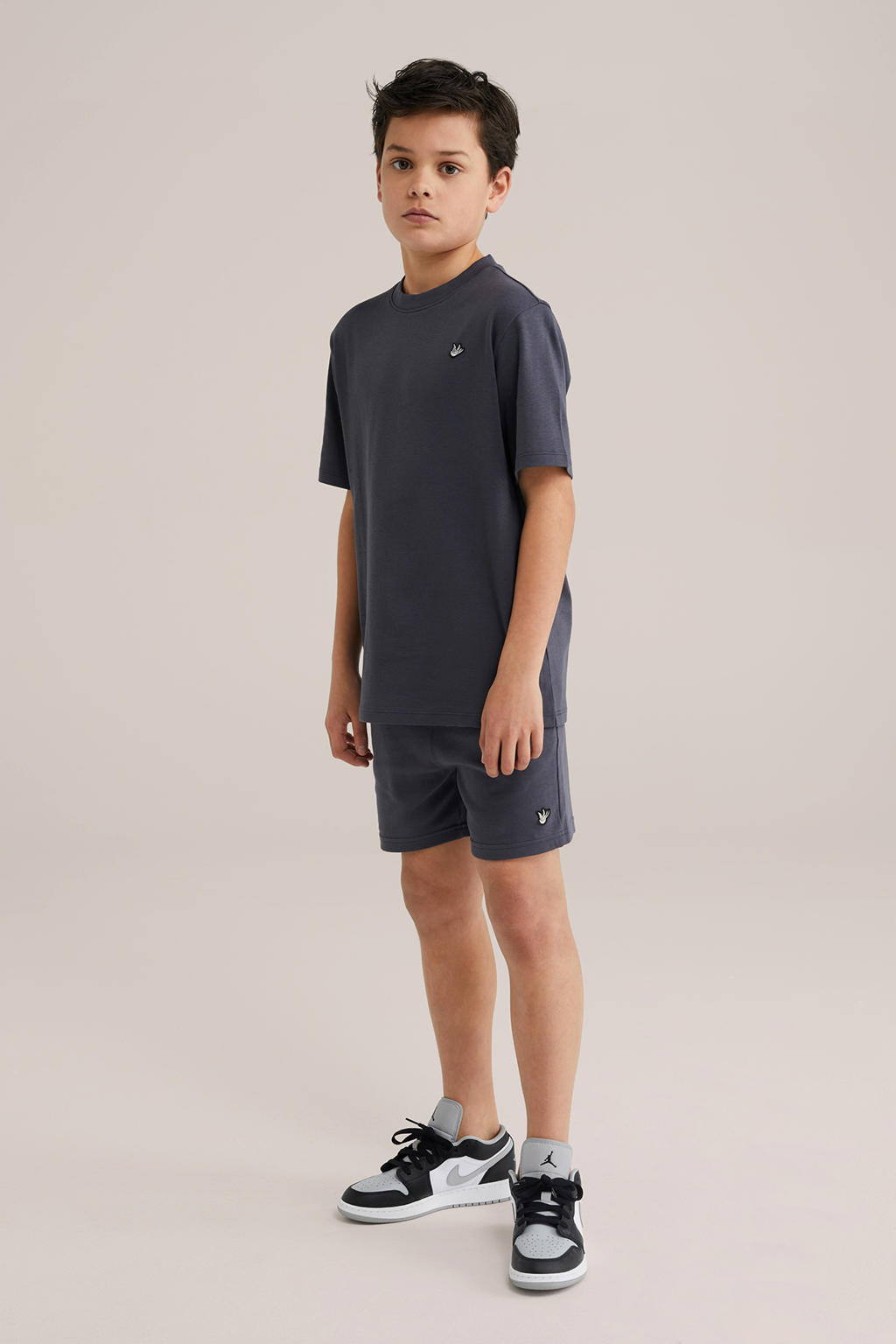Grijze jongens WE Fashion T-shirt van katoen met effen, korte mouwen en ronde hals