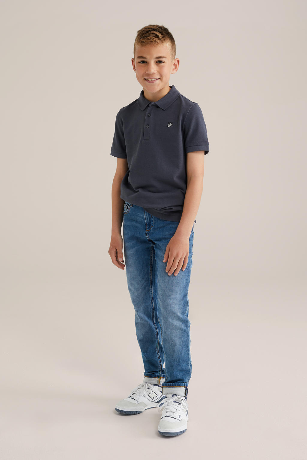 Grijze jongens WE Fashion polo van katoen met effen, korte mouwen en knoopsluiting