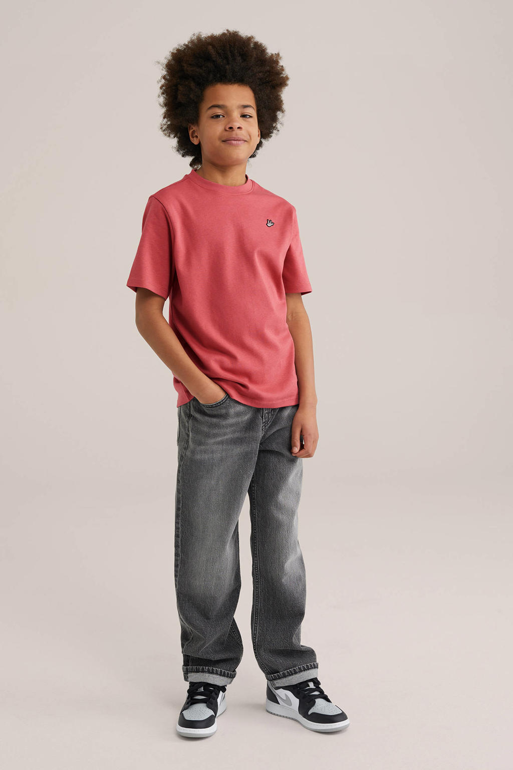 Rode jongens WE Fashion T-shirt van katoen met effen, korte mouwen en ronde hals