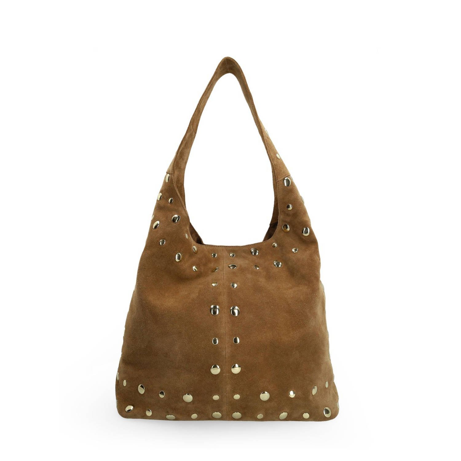 Manfield suede schoudertas met studs cognac