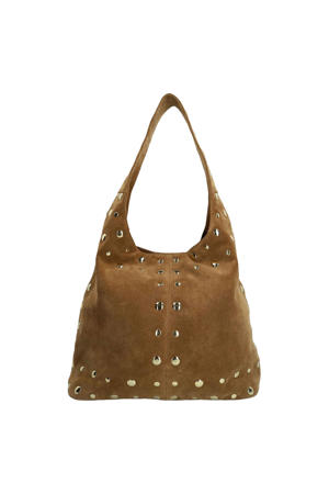 suede schoudertas met studs cognac