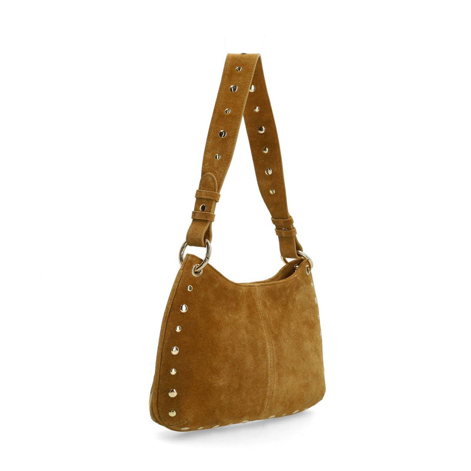 Manfield suede schoudertas met studs cognac