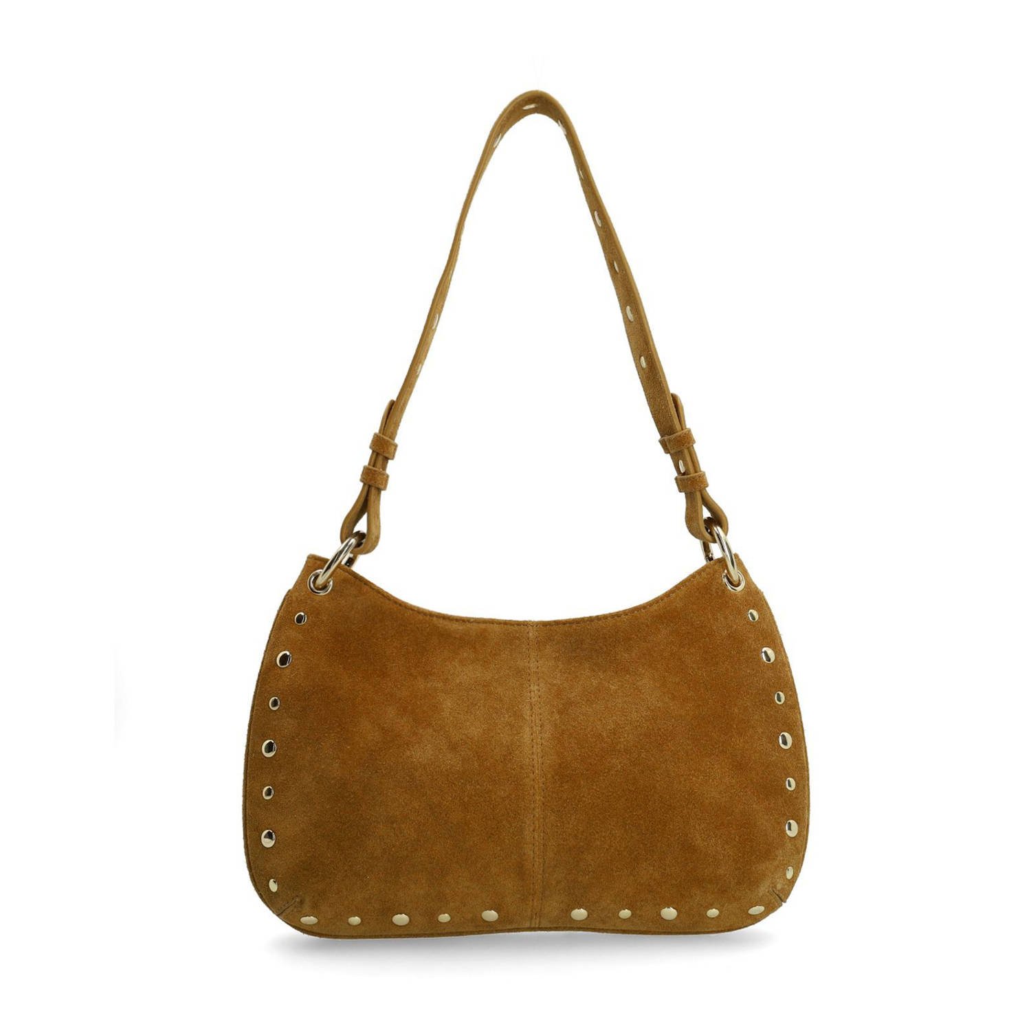 Manfield suede schoudertas met studs cognac