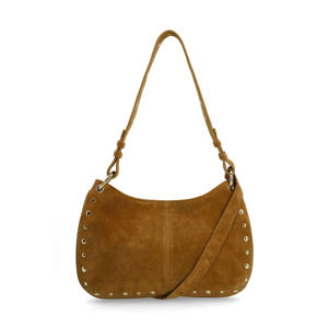 suede schoudertas met studs cognac