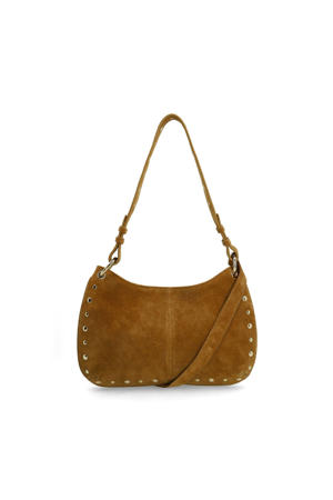 suede schoudertas met studs cognac