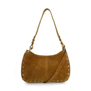 suede schoudertas met studs cognac
