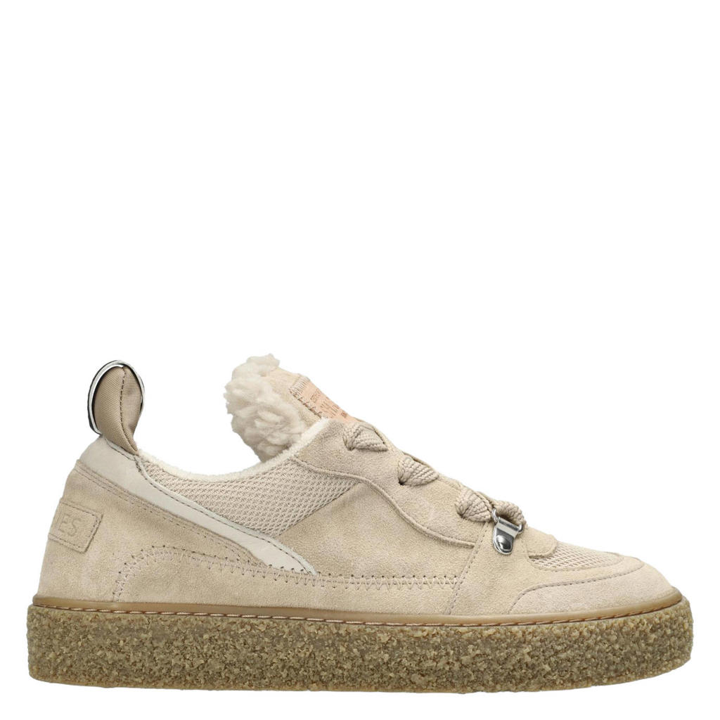 Beige dames Shabbies Amsterdam Chewy Unna gevoerde suède sneakers met veters