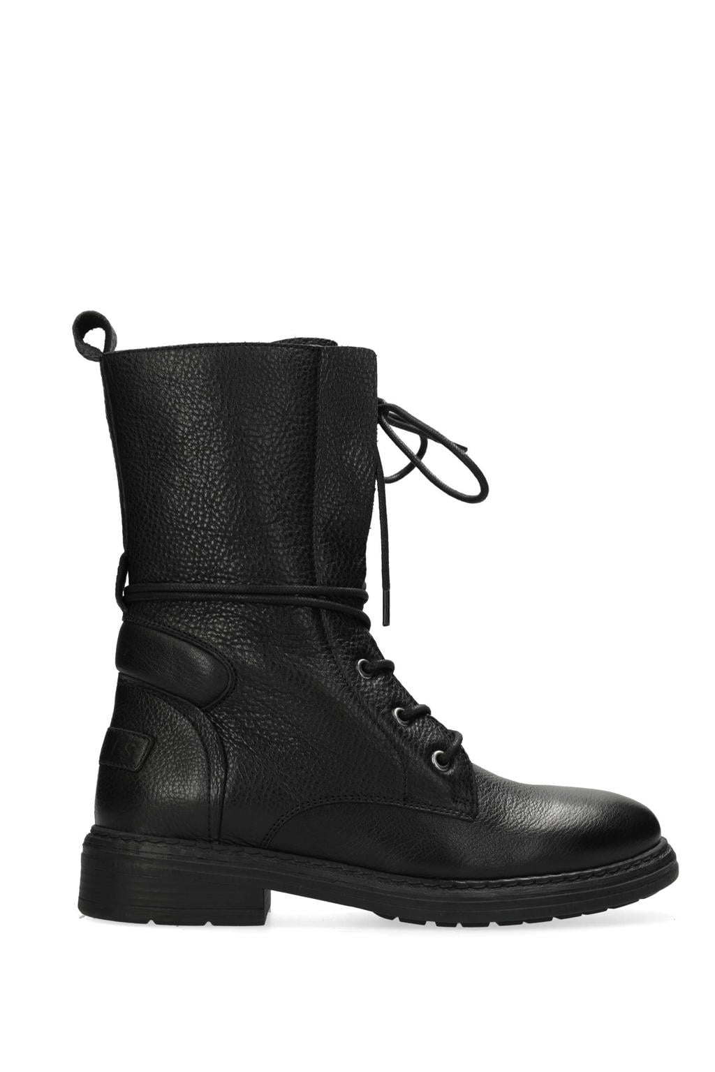 Zwarte dames Shabbies Amsterdam leren veterboots met rits- en vetersluiting