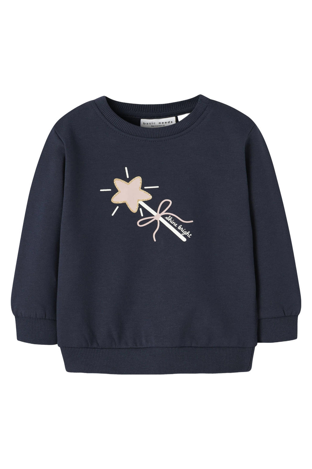 Marineblauw meisjes NAME IT BABY sweater blauw met printopdruk, lange mouwen, ronde hals en drukknoopsluiting