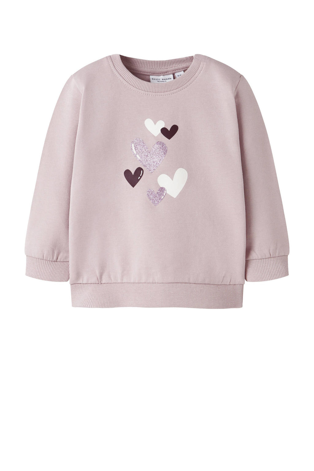 Lilakleurige meisjes NAME IT BABY sweater met hartjesprint, lange mouwen, ronde hals en drukknoopsluiting