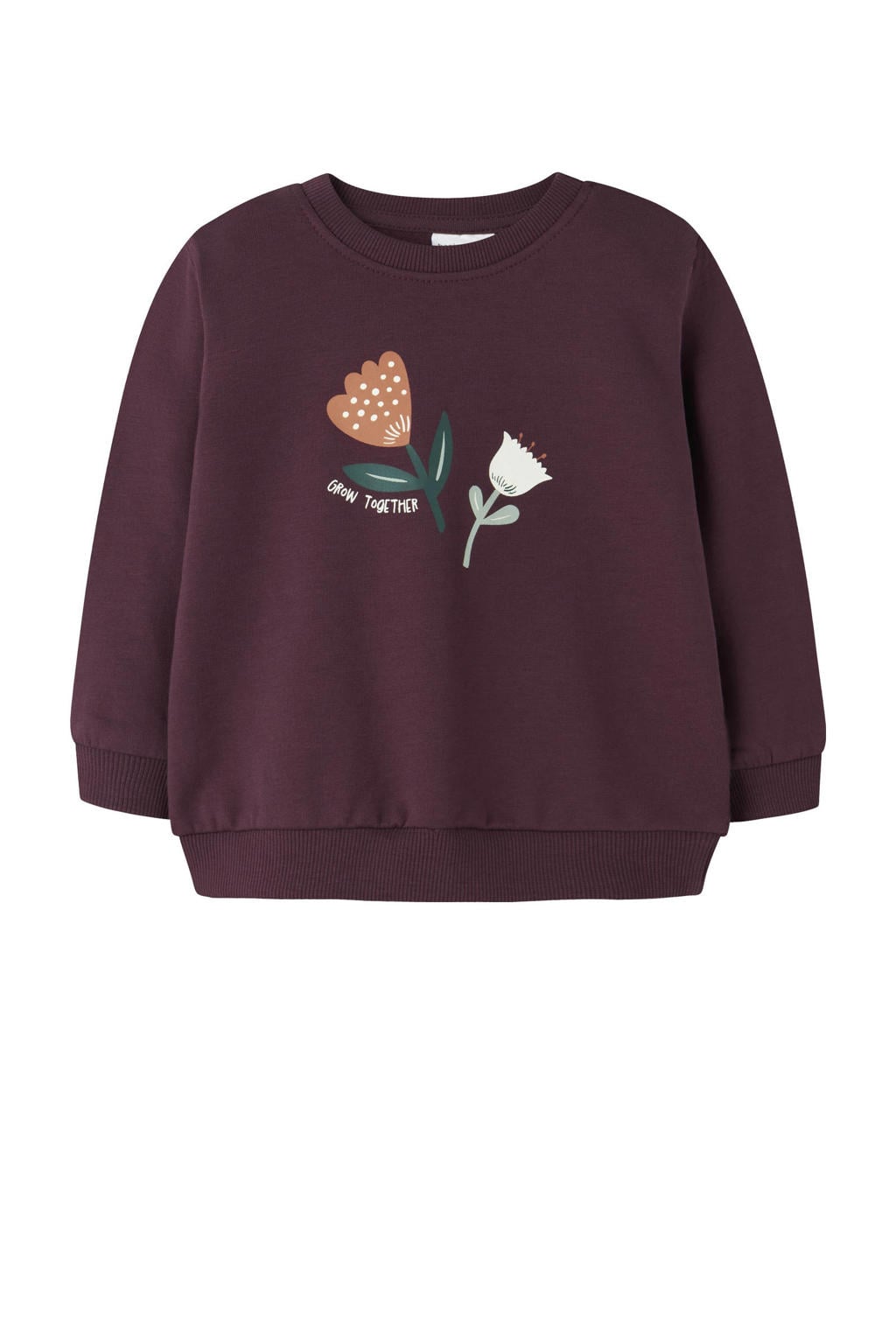 Paarse meisjes NAME IT BABY sweater met printopdruk, lange mouwen, ronde hals en drukknoopsluiting