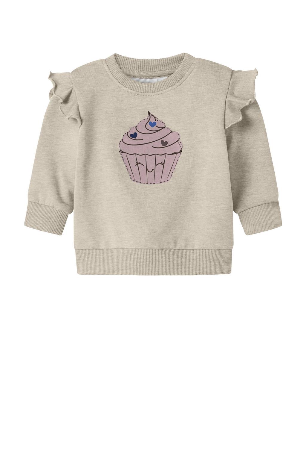 Ecru meisjes NAME IT BABY sweater met printopdruk, lange mouwen, ronde hals en ruches