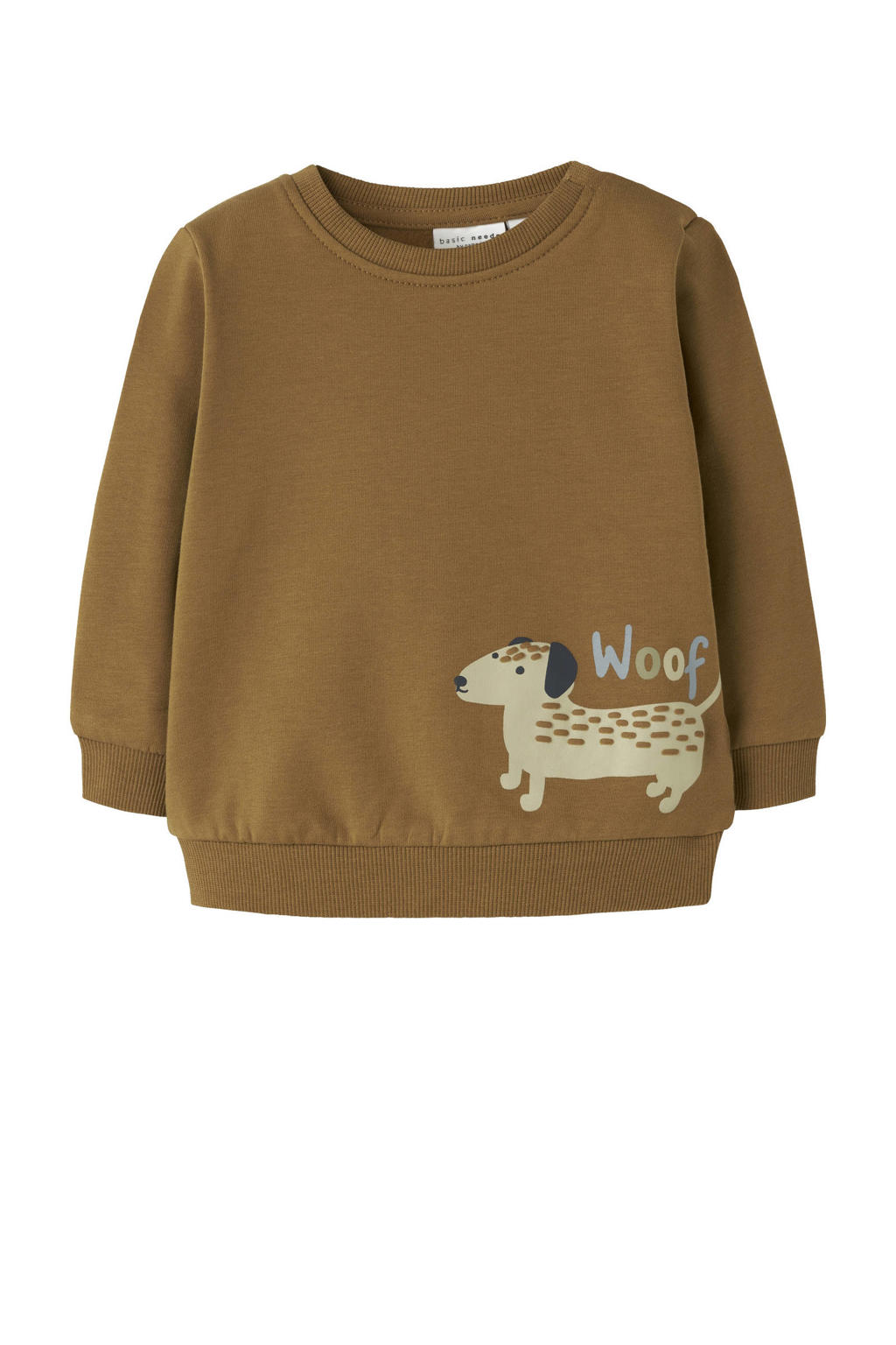 Camelkleurige jongens NAME IT BABY sweater met printopdruk, lange mouwen en ronde hals