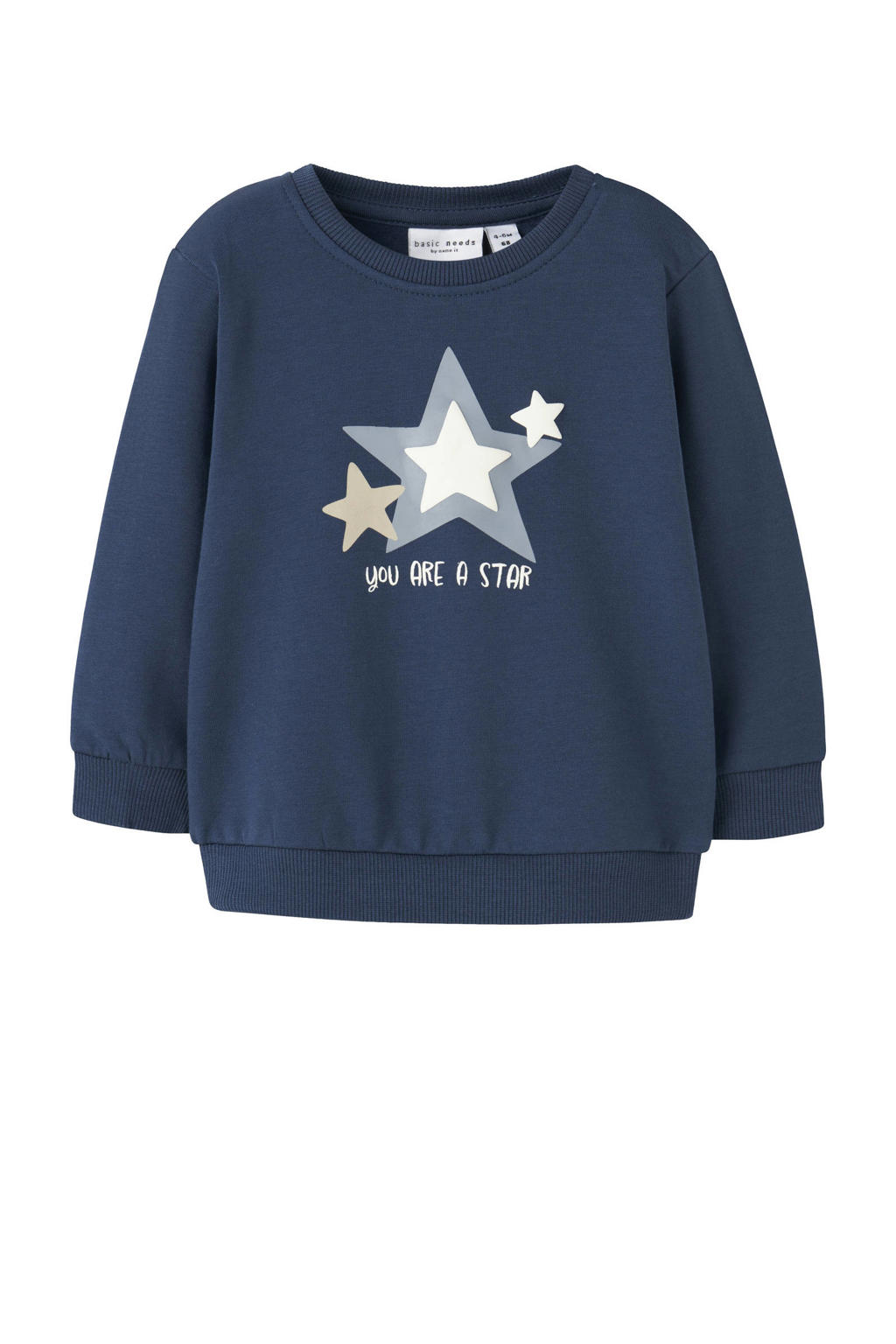 Donkerblauwe jongens NAME IT BABY sweater met printopdruk, lange mouwen en ronde hals