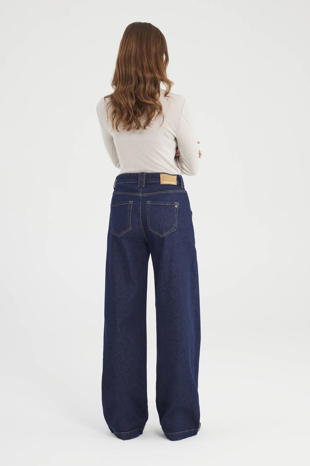 Dark blue denim dames Cup of Joe Denim high waist wide leg jeans dark blue met rits- en knoopsluiting en effen