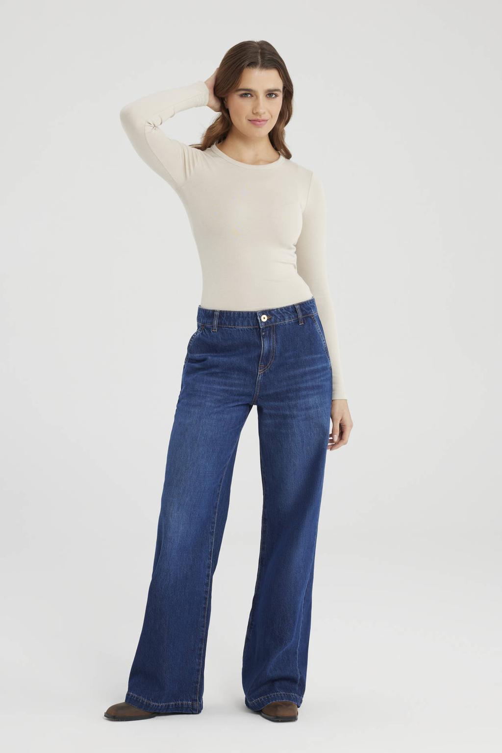 Dark blue denim dames Cup of Joe Denim Maxine wide leg jeans met rits- en knoopsluiting en effen