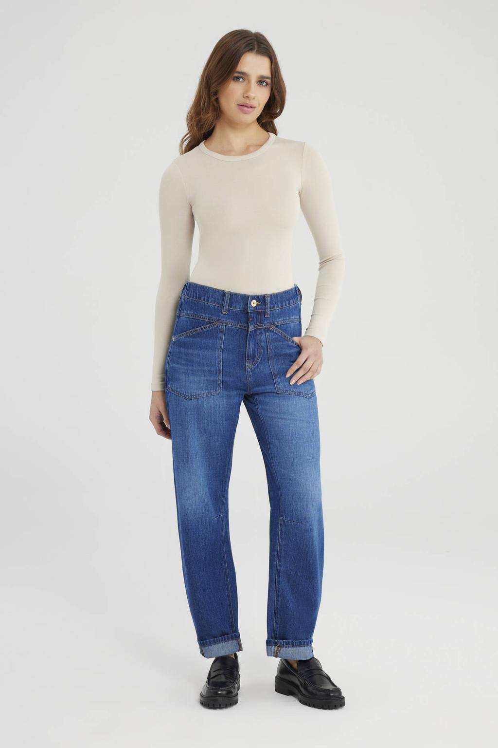 Dark blue denim dames Cup of Joe Denim mom jeans dark blue met rits- en knoopsluiting en effen