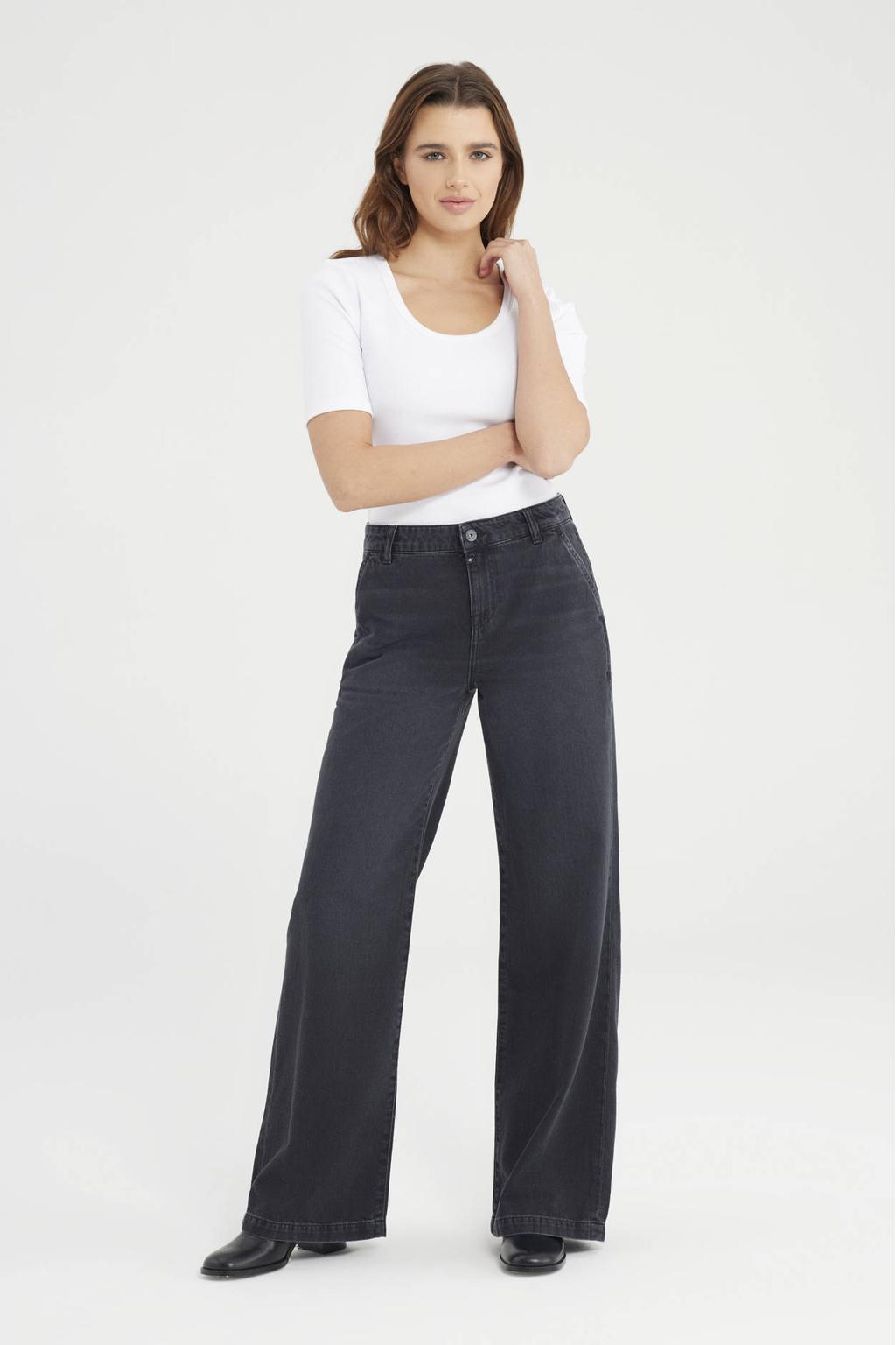Black denim dames Cup of Joe Denim Maxine wide leg jeans met rits- en knoopsluiting en effen