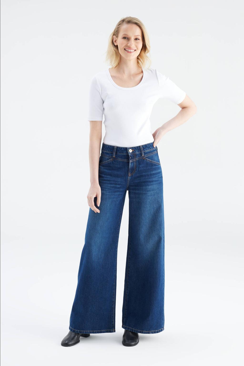 Dark blue denim dames Cup of Joe Denim wide leg jeans dark blue met rits- en knoopsluiting en effen