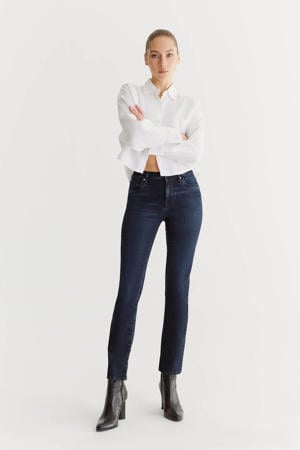 high waist straight leg jeans dark blue denim