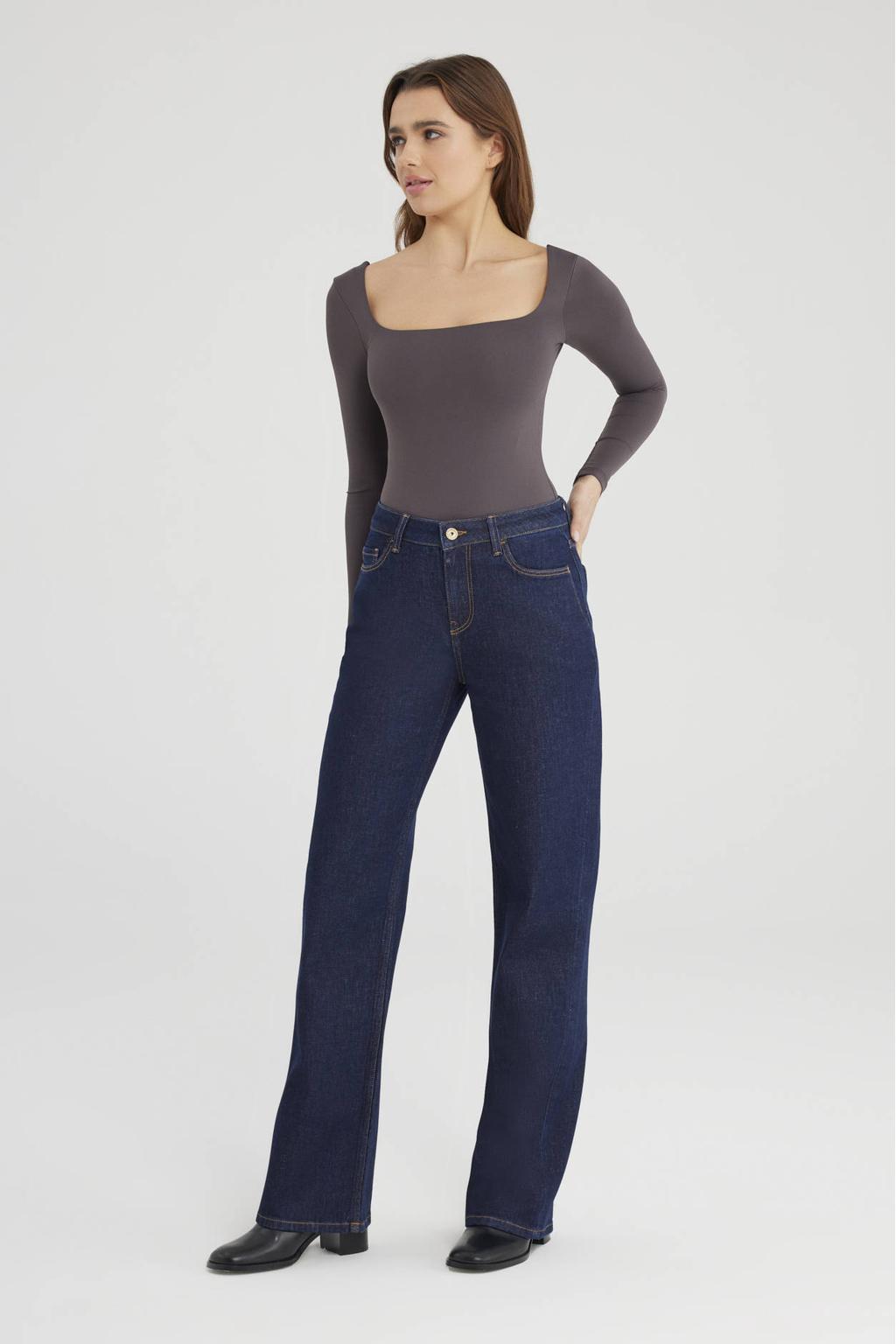 Dark blue denim dames Cup of Joe Denim straight leg jeans dark blue met rits- en knoopsluiting en effen