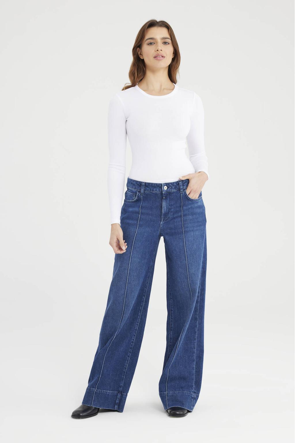 Dark blue denim dames Cup of Joe Denim wide leg jeans dark blue met rits- en knoopsluiting en effen