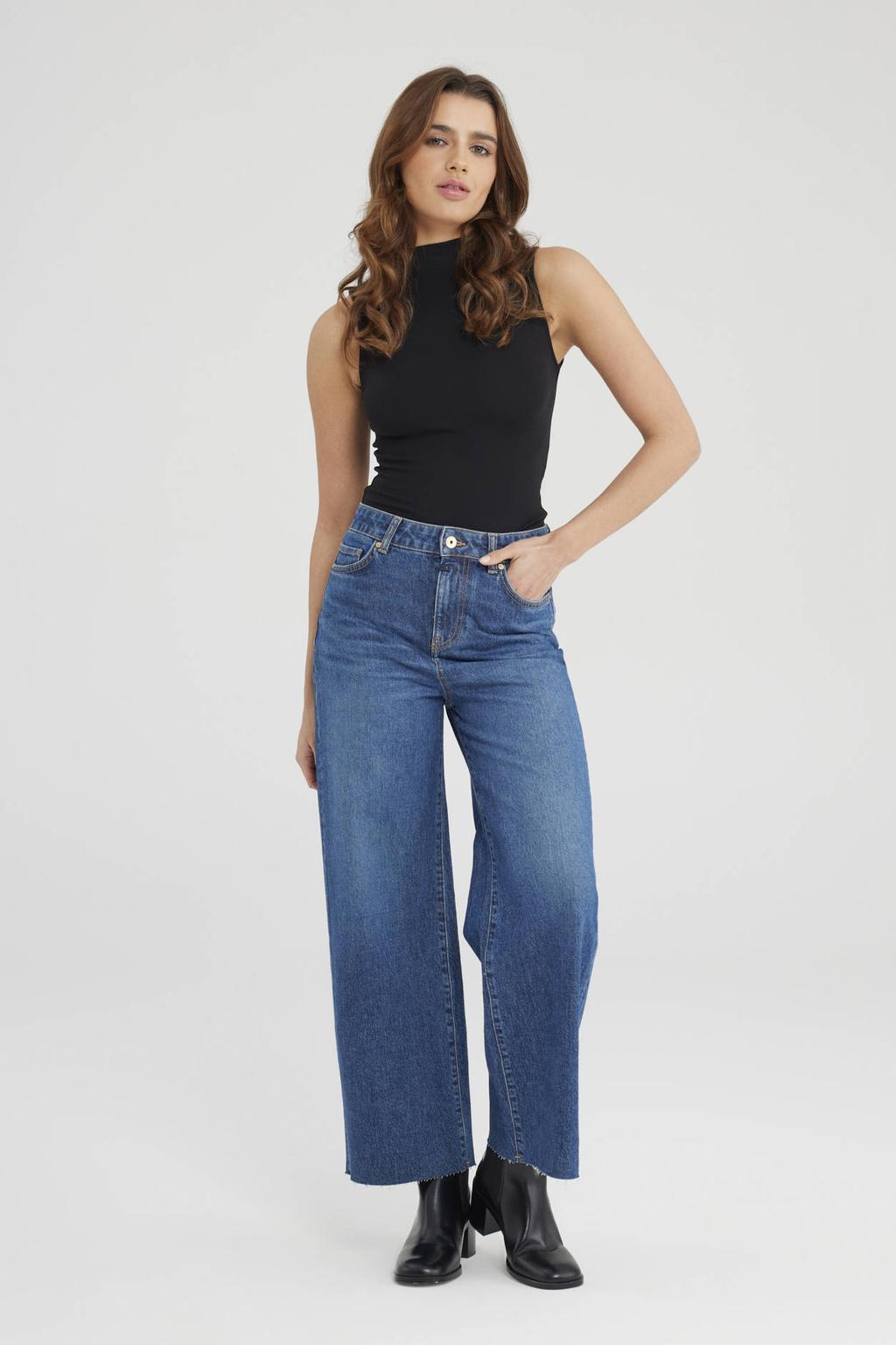 Dark blue denim dames Cup of Joe Denim high waist cropped jeans dark blue met rits- en knoopsluiting en effen
