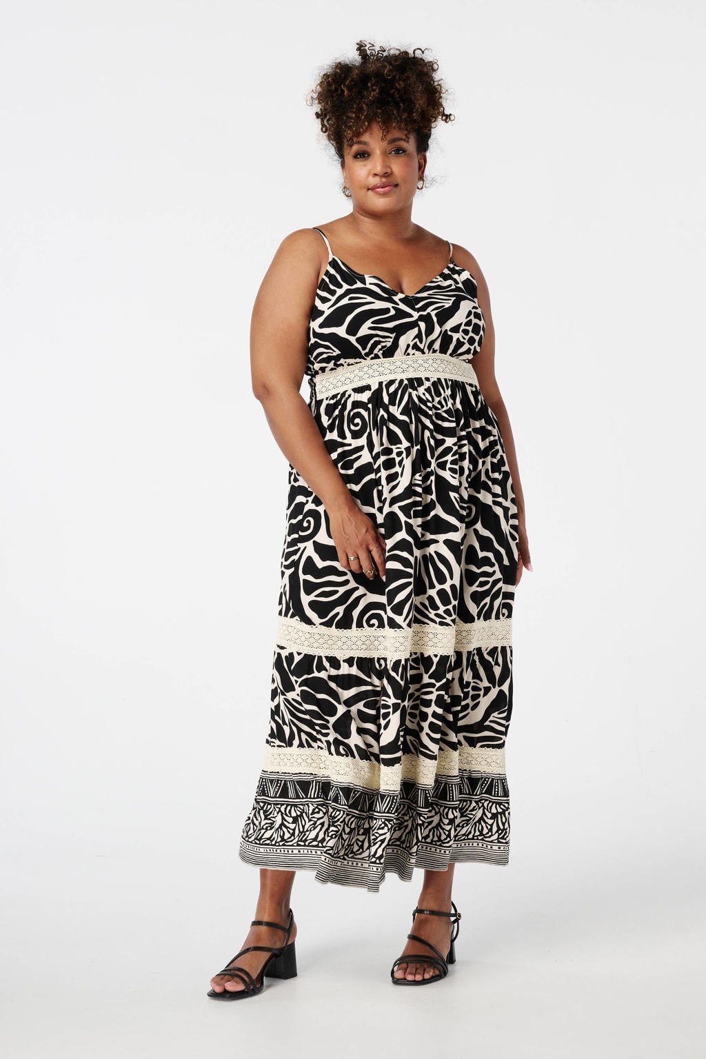 Zwart en witte dames MS Mode maxi jurk van viscose met dierenprint, spaghettibandjes en klassieke kraag