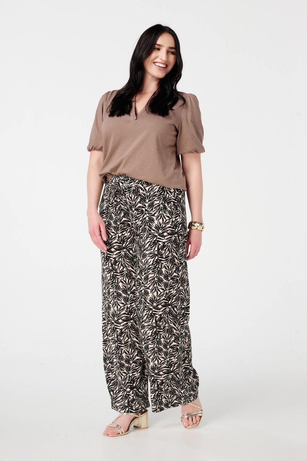 Beige dames MS Mode top met effen, korte mouwen, klassieke kraag en ruches