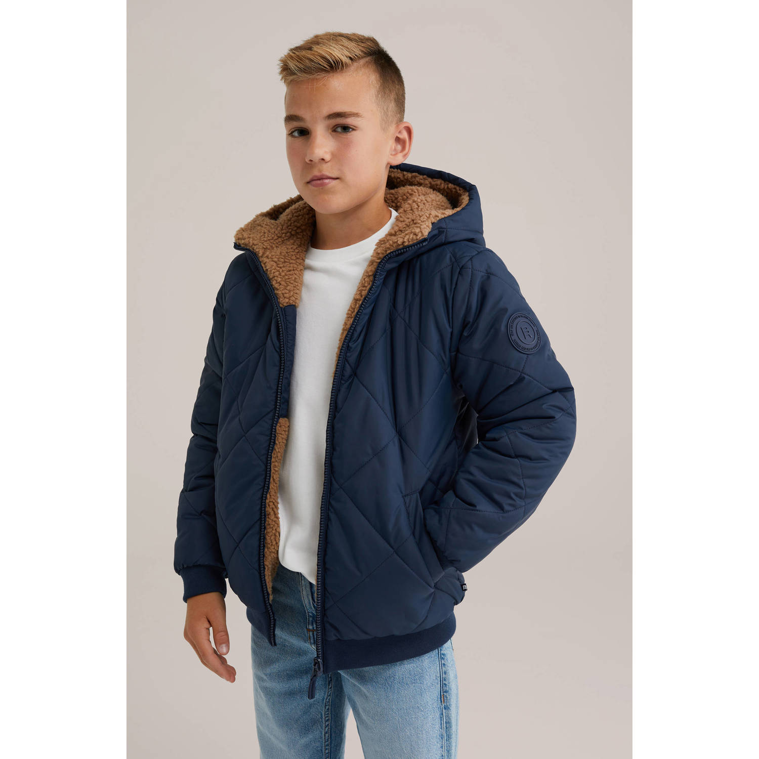 WE Fashion Blue Ridge teddy reversible jas winter donkerblauw
