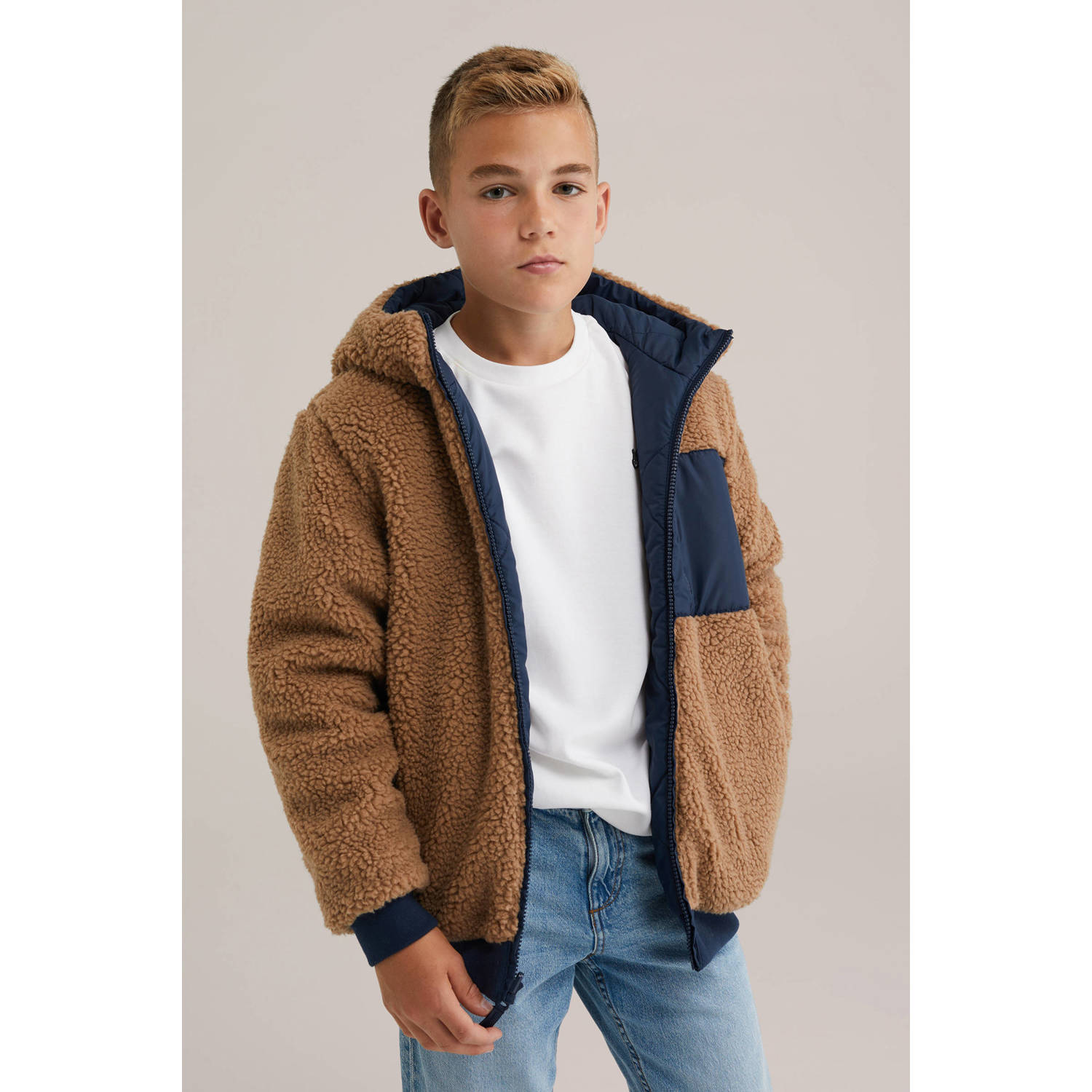 WE Fashion Blue Ridge teddy reversible jas winter donkerblauw