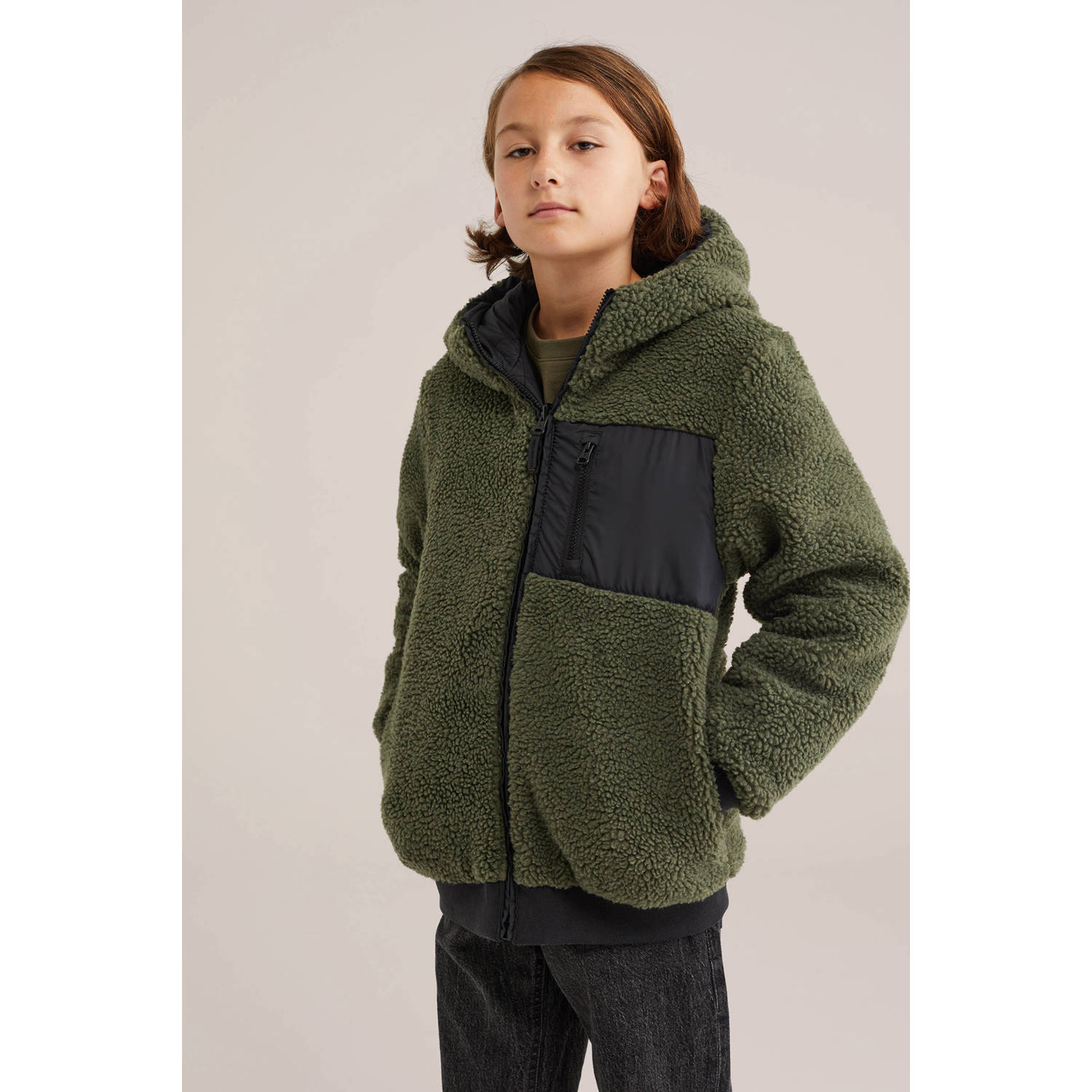 WE Fashion Blue Ridge teddy reversible jas winter donkergroen