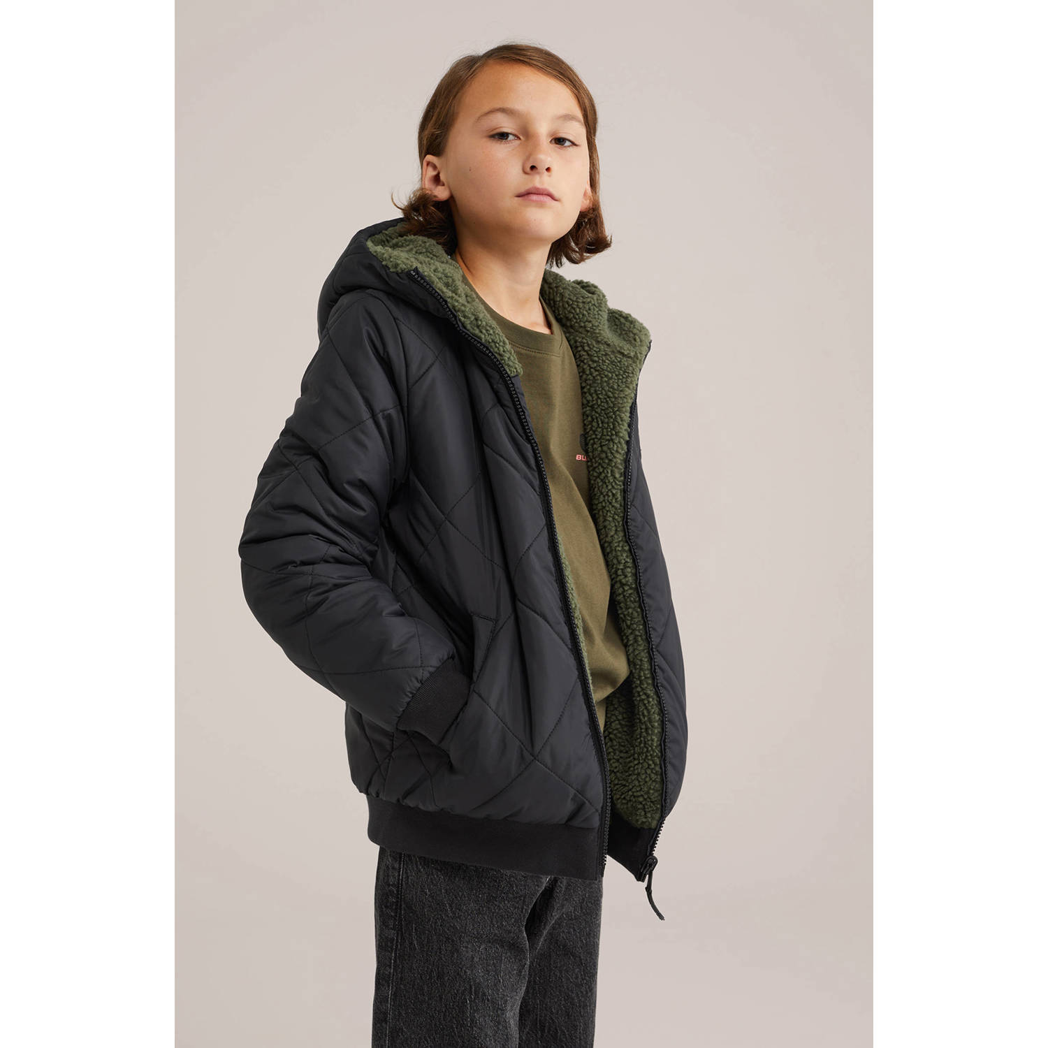 WE Fashion Blue Ridge teddy reversible jas winter donkergroen