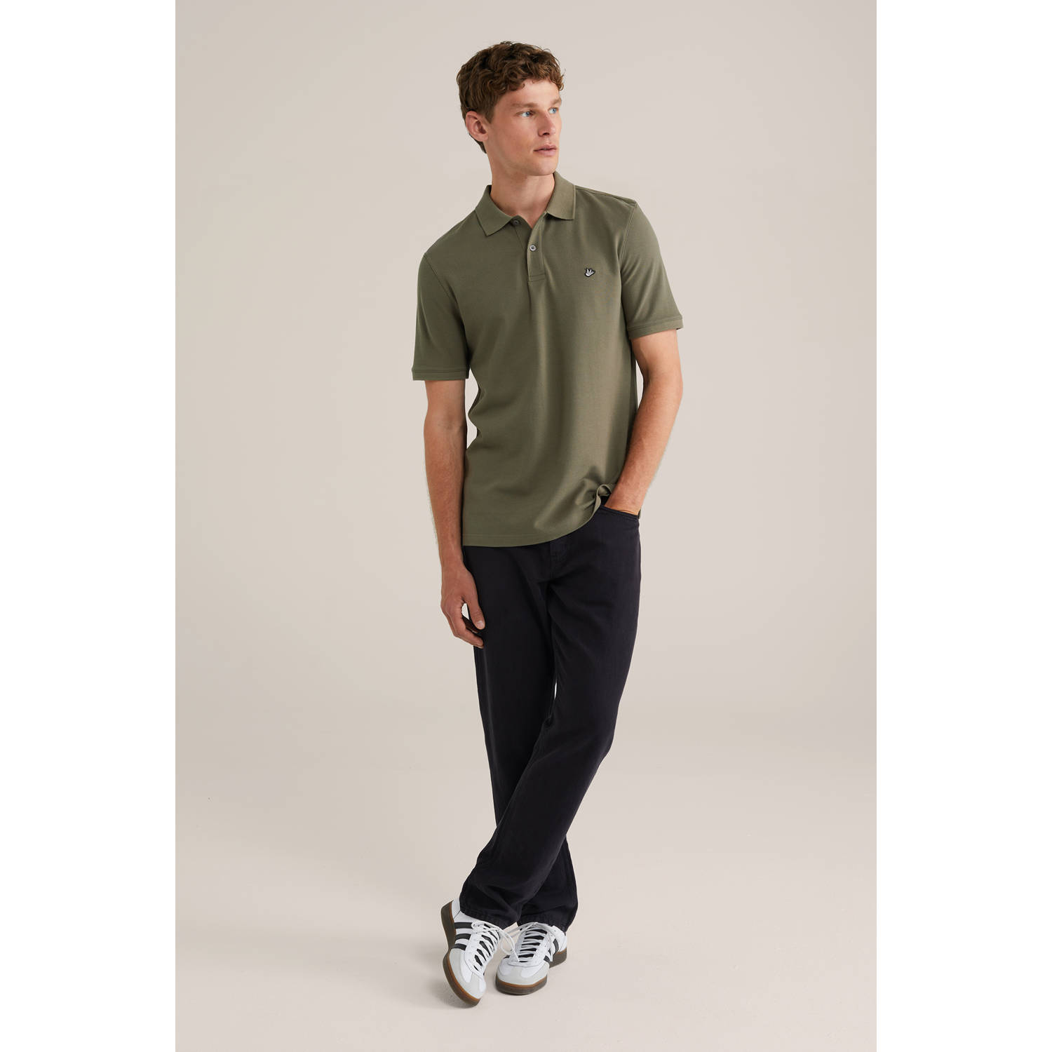 WE Fashion slim polo met textuur olijfgroen