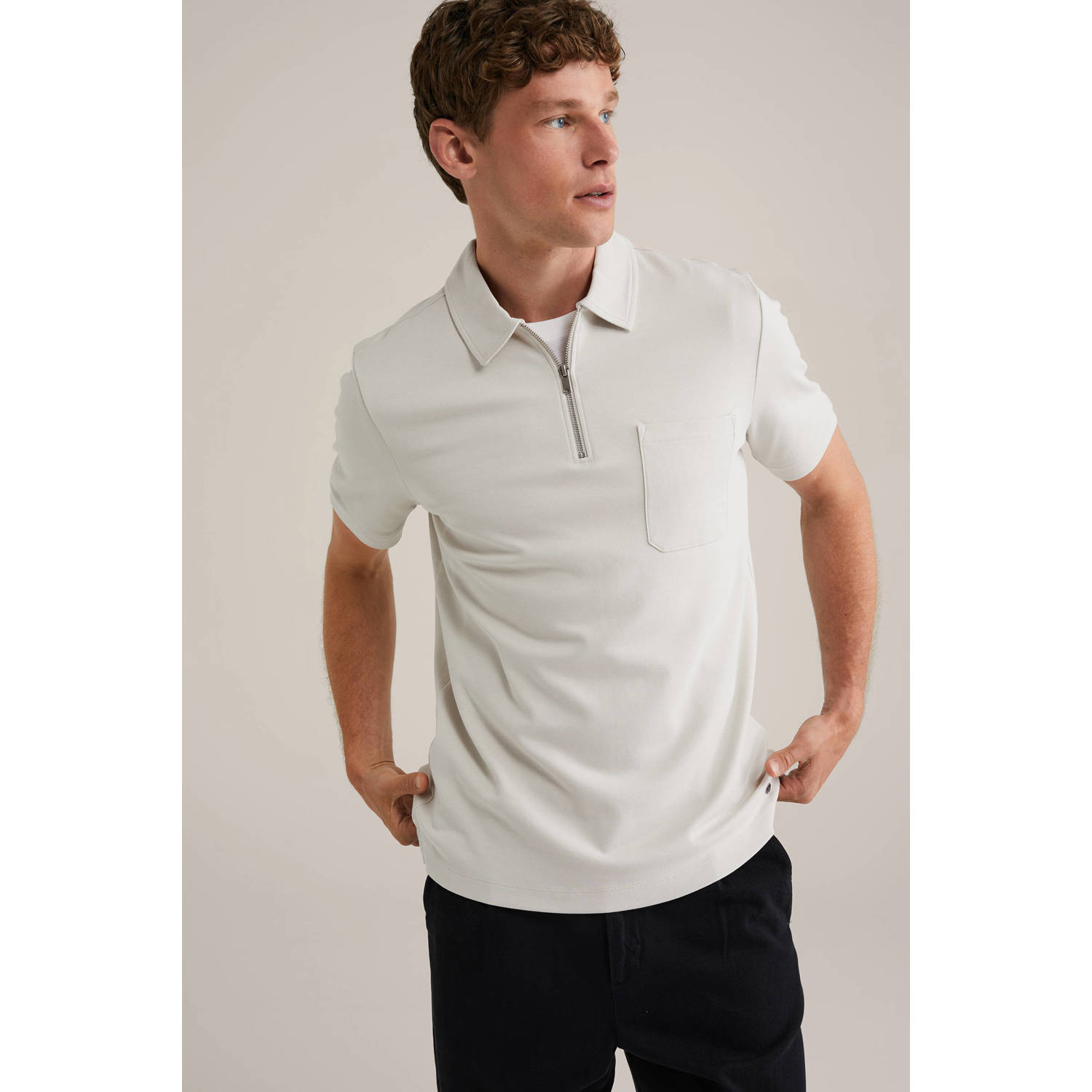 WE Fashion slim polo lichtgrijs