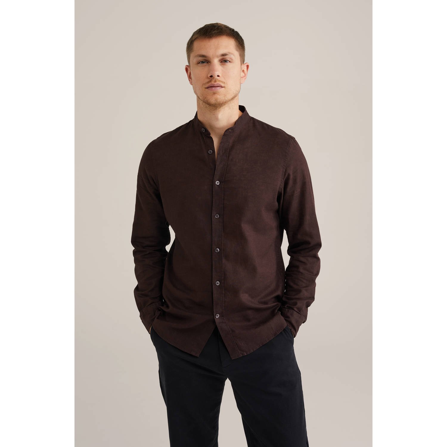 WE Fashion linnen casual overhemd donkerbruin