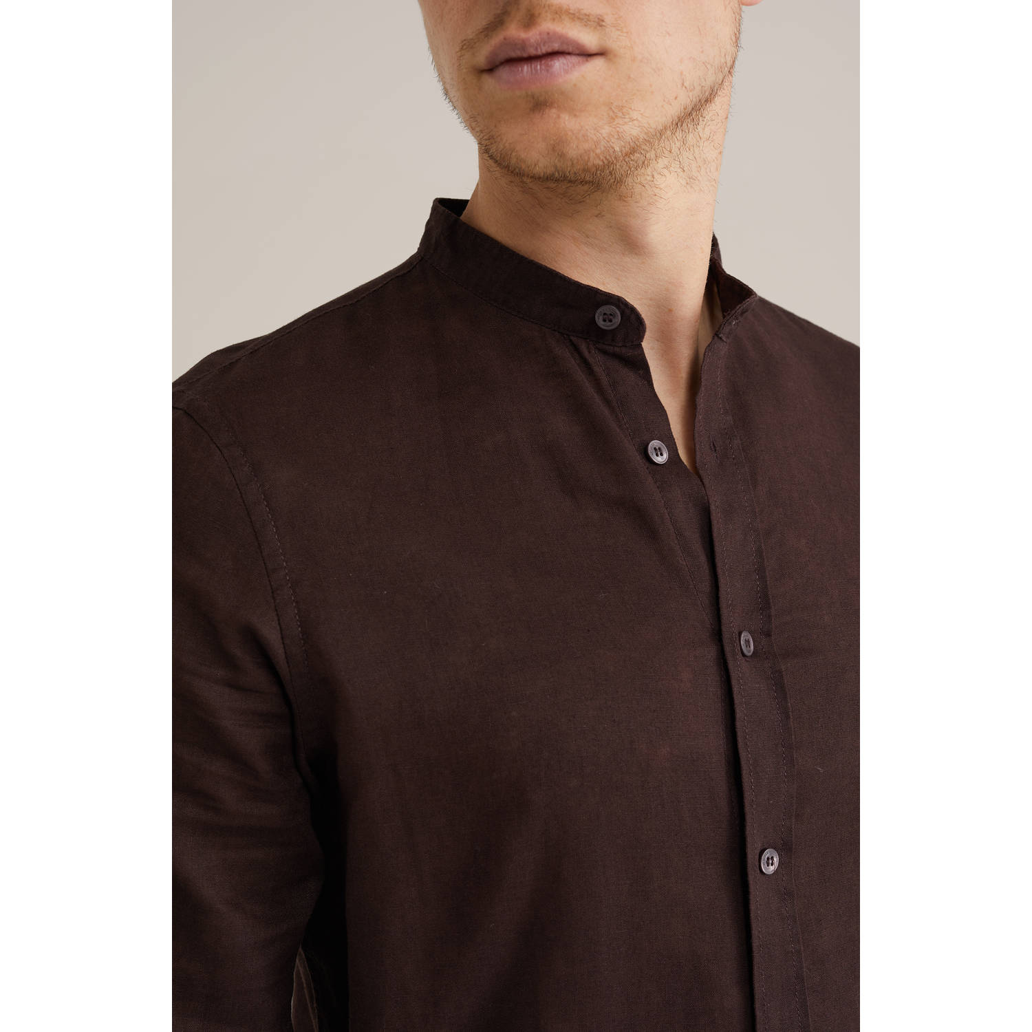 WE Fashion linnen casual overhemd donkerbruin