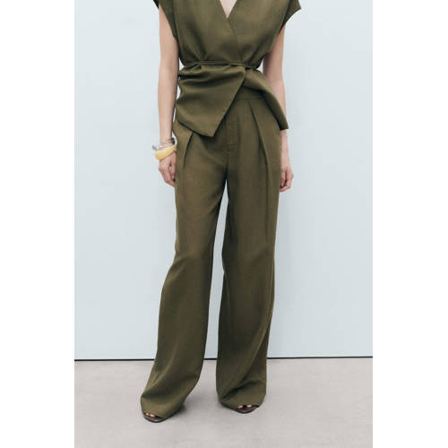 Mango linnen wide leg high waist pantalon kaki afbeelding