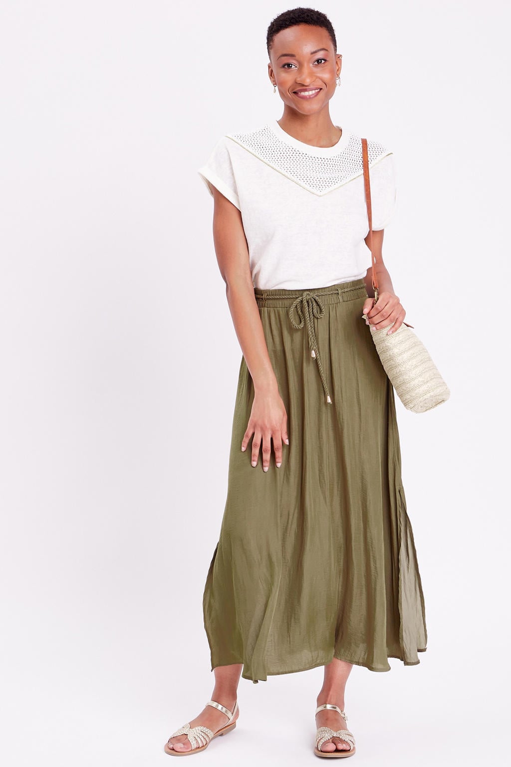 Kakikleurige dames Cache Cache midi rok groen gemaakt van polyester en met elastische tailleband met koord