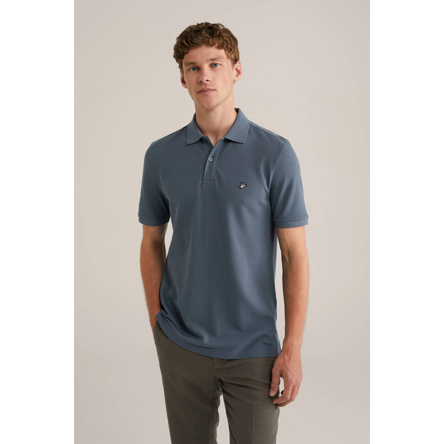 WE Fashion slim polo met textuur grijsblauw