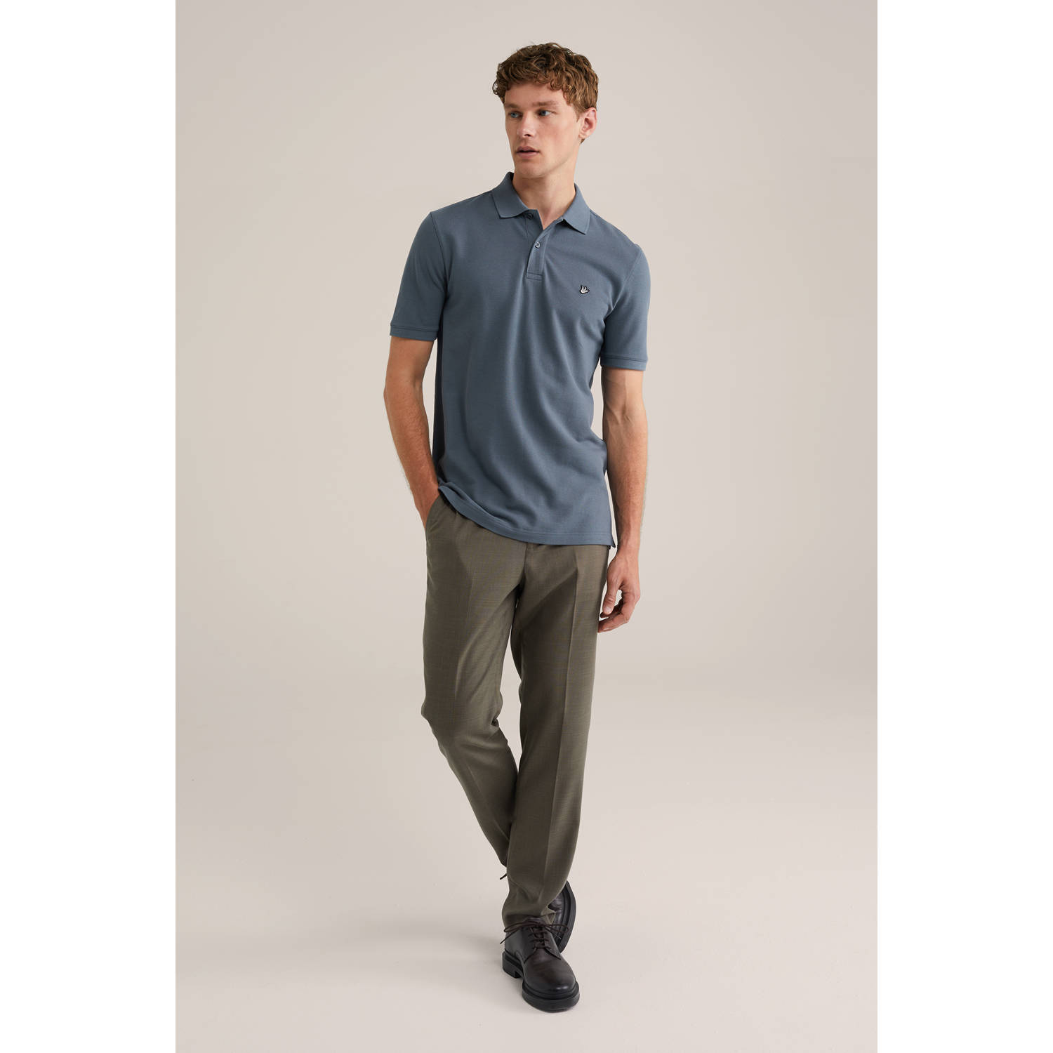 WE Fashion slim polo met textuur grijsblauw