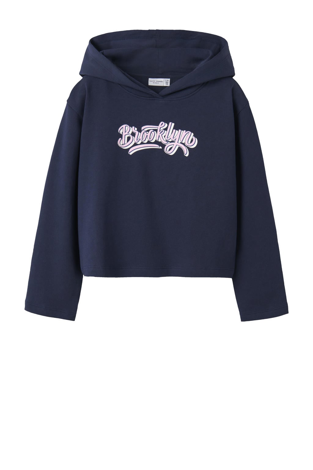 Donkerblauwe meisjes NAME IT KIDS hoodie van sweat materiaal met printopdruk, lange mouwen en capuchon