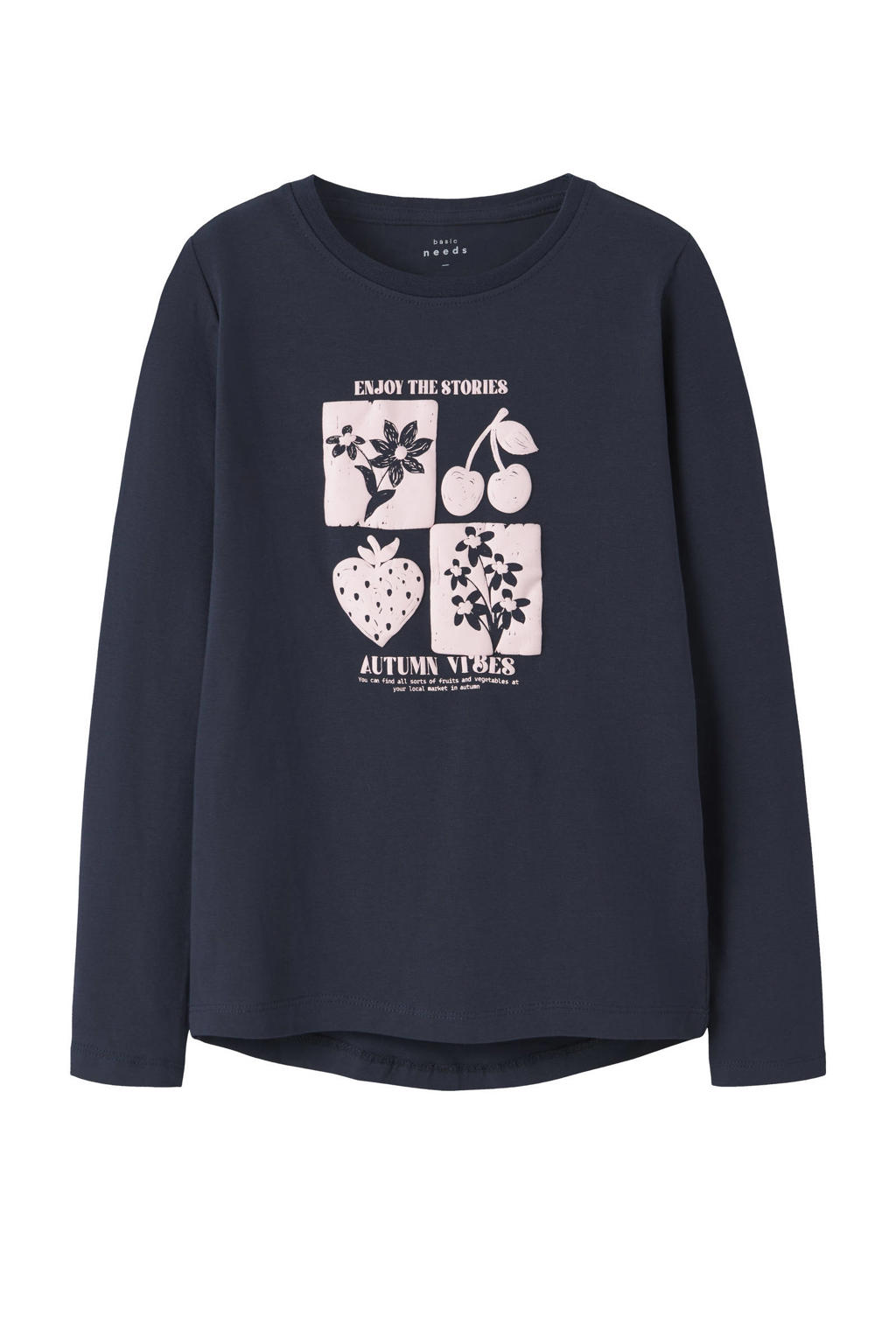 Donkerblauw en roze meisjes NAME IT KIDS longsleeve van stretchkatoen met printopdruk, lange mouwen en ronde hals