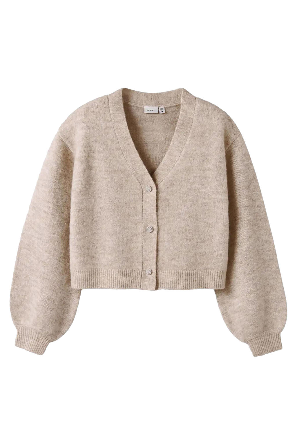 Ecru meisjes NAME IT KIDS cardigan gebreid van polyester met effen, lange mouwen, V-hals en knoopsluiting