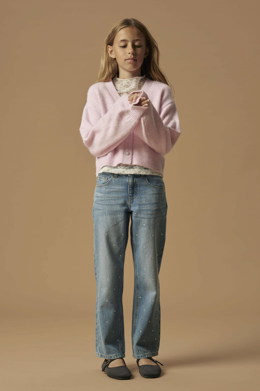 Lichtroze meisjes NAME IT KIDS cardigan gebreid van polyester met effen, lange mouwen, V-hals en knoopsluiting