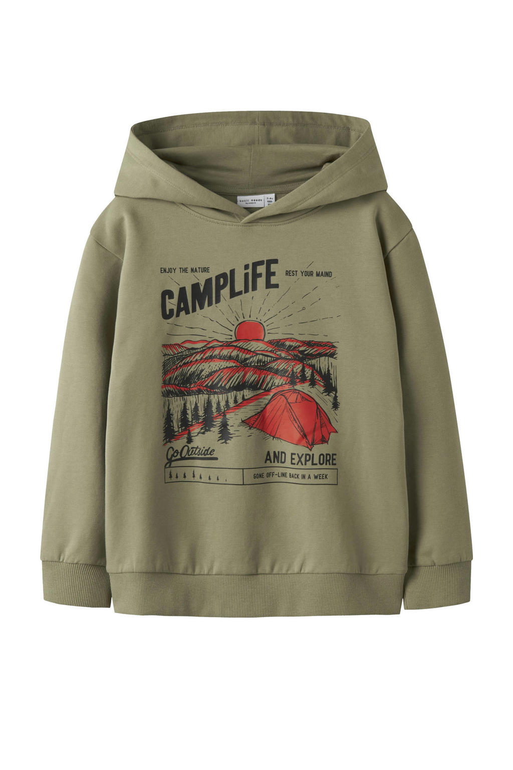 Groene jongens NAME IT KIDS hoodie van sweat materiaal met printopdruk, lange mouwen en capuchon