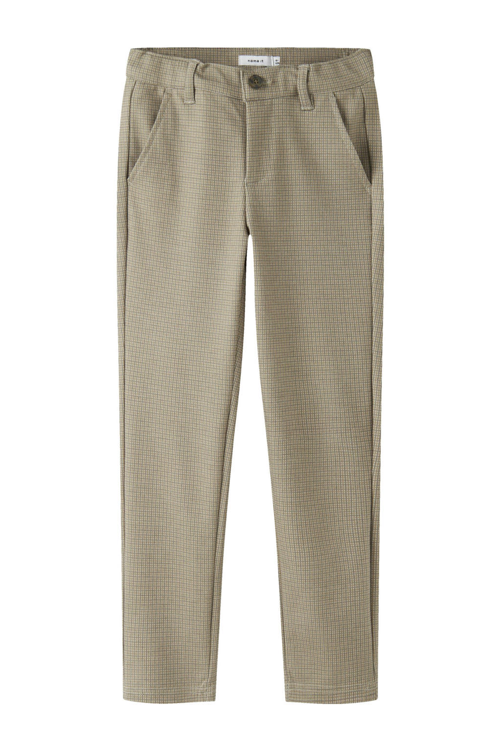 Zandkleurige jongens NAME IT KIDS slim casual broek van polyester met regular waist en ruitenprint