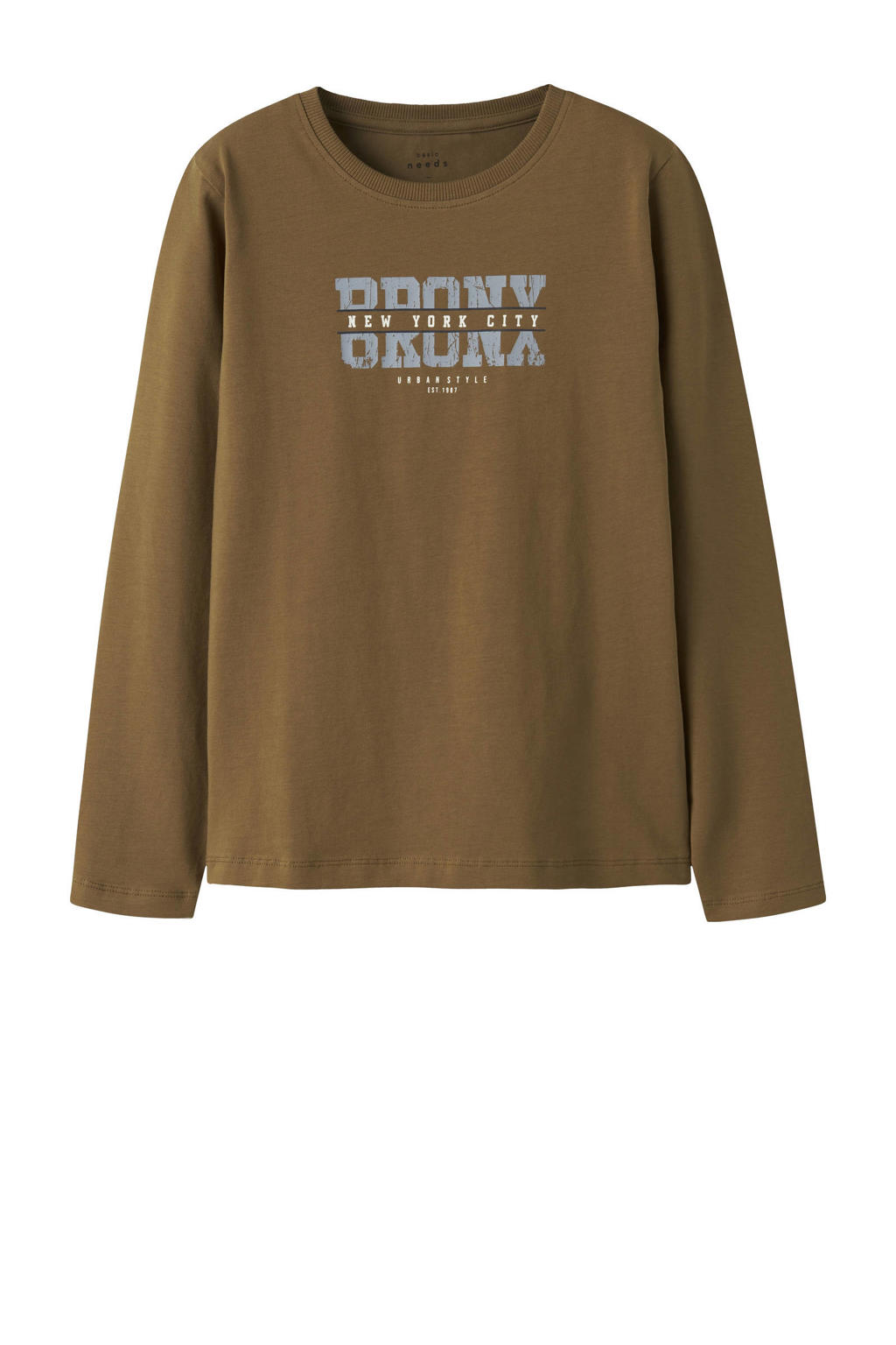 Bruine jongens NAME IT KIDS longsleeve van stretchkatoen met printopdruk, lange mouwen en ronde hals