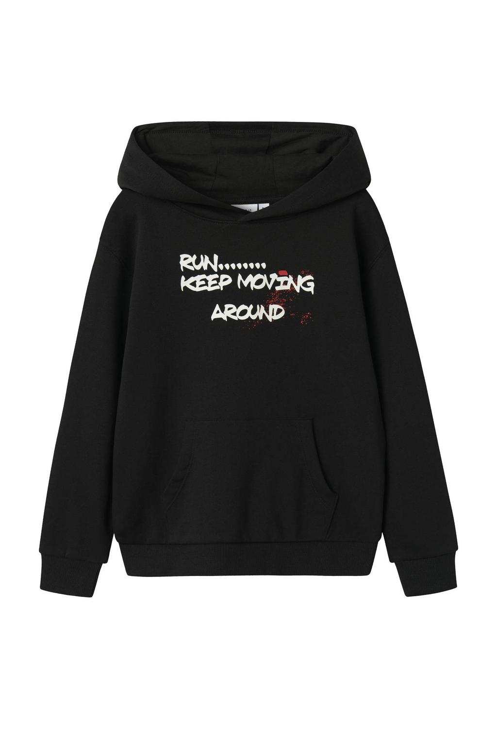 Zwarte jongens NAME IT KIDS hoodie van sweat materiaal met backprint, lange mouwen en capuchon