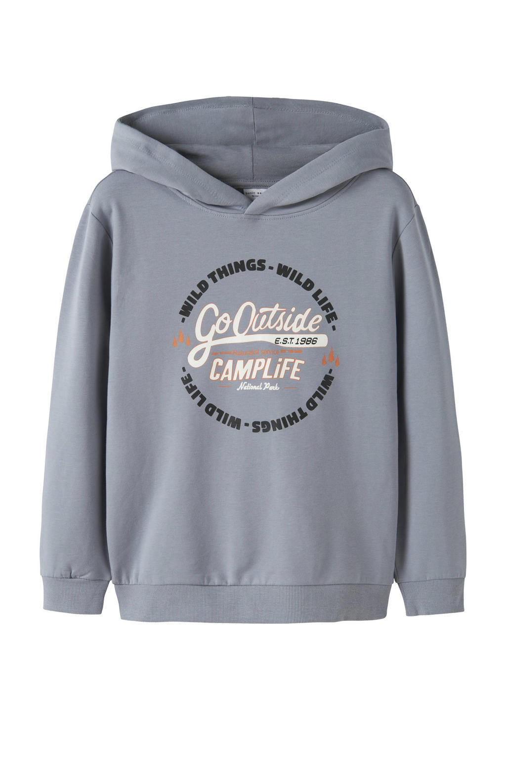 Grijsblauwe jongens NAME IT KIDS hoodie blauw van sweat materiaal met printopdruk, lange mouwen en capuchon